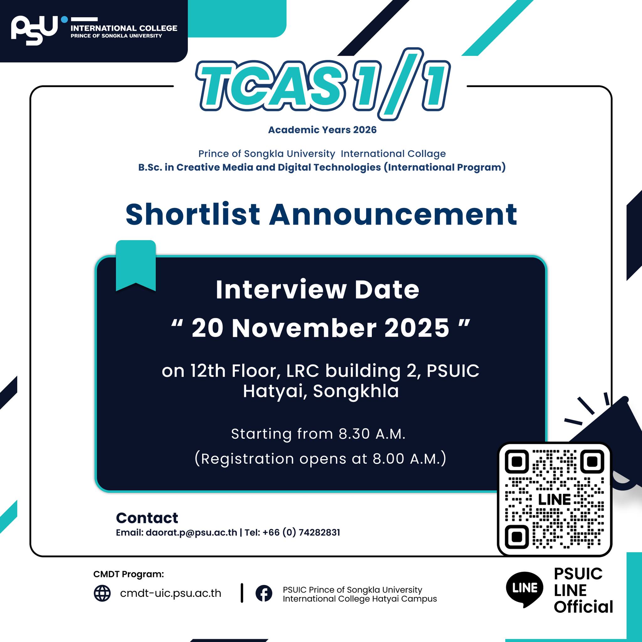 Announcement Eligibility for Interview TCAS 1/1 (Portfolio) Candidate, the Academic Year 2026